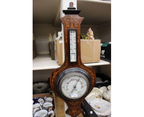 Edwardian, inlaid mahogany wall hanging barometer marked 'Aitchison & Co Opticians to HM Govt London & Leeds with thermometer