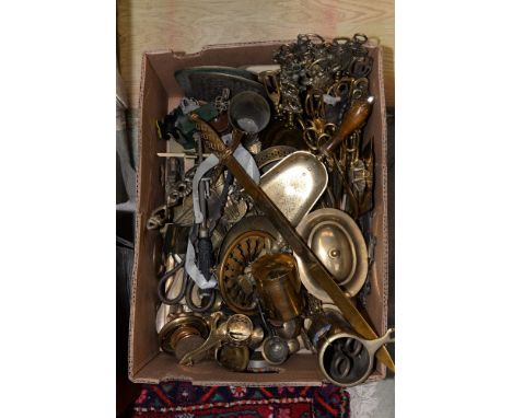 One box of brass items to include fireside tools, an oval lidded pot, bookends etc (1)