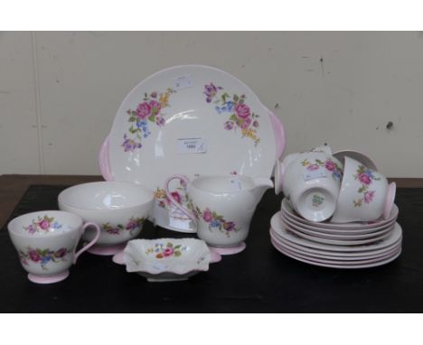 A Shelley part tea set, bread and butter plate, milk and sugar, five plates, four saucers, five cups and pin tray (one box) 