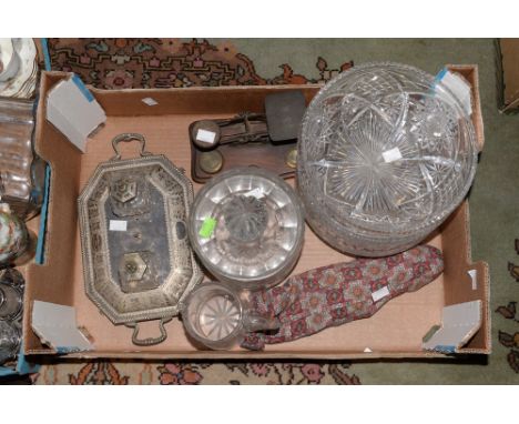 A collection of cut glass to include large biscuit barrel and lid, jug, bowls, plated wares, scales and weights, EPNS ink sta