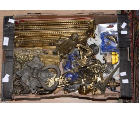 One box of door furniture to include an early 19th Century door knocker, brass and ceramic door plates, hooks and brass and g