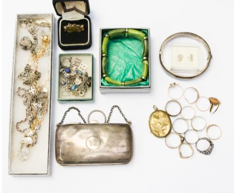 Eight various 9ct and other rings; together with a silver purse, engine turned on chain, silver bracelet, earrings, etc (ring