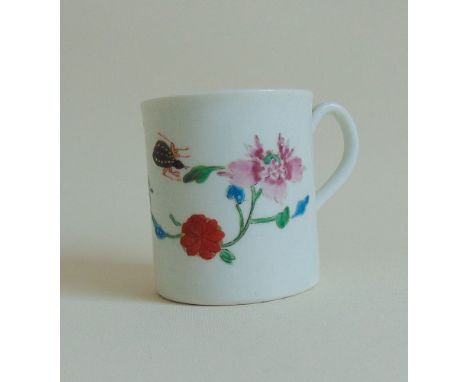 Worcester polychrome coffee can, decorated with Oriental flowers with insect, circa 1760, approx 6.3cms high, diameter 5.7cms