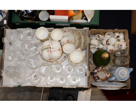 A ships decanter with six matching wine glasses, an early 20th Century Royal Stafford china teaset, a quantity of crested war