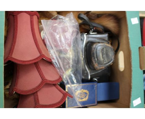A fox fur tippet, books, bone flower brooch, coins, enamelled box, camera, porcelain buttons with hand painted musical instru