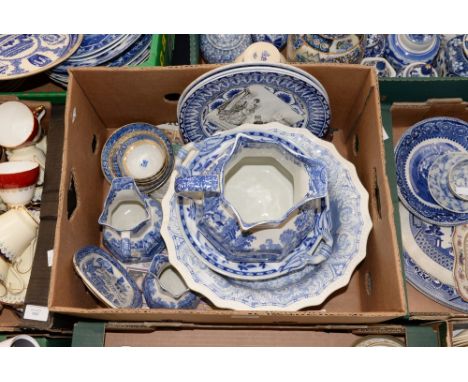  Blue and white 19th and early 20th Century ceramics to include Mintons, circa 1920s, raised dish and two plates, Royal Worce