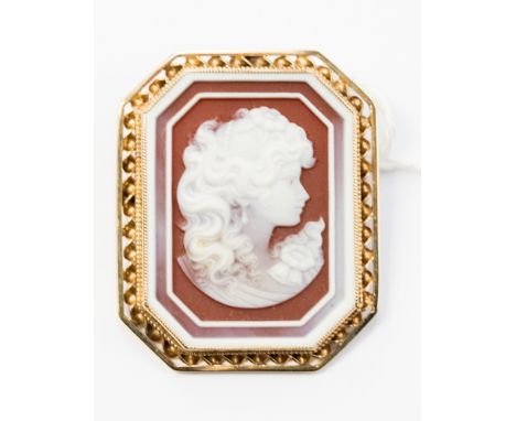 An octagonal agate Cameo pendant/brooch depicting portrait of lady in 9ct octagonal mount, approx size 34mm x 40mm 