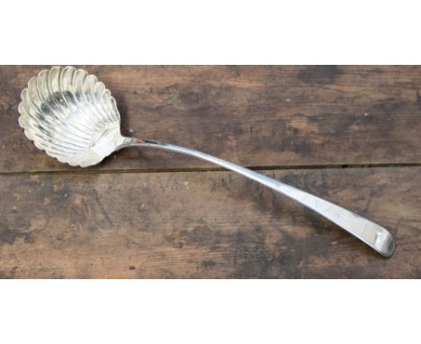 A George II silver Old English pattern soup ladle with scallop bowl, London, probably 1776, maker T.E.