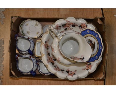 A large Imari wash jug and bowl, two hand painted Victorian cups and saucers (af) a Victorian blush and gilt sugar bowl and t