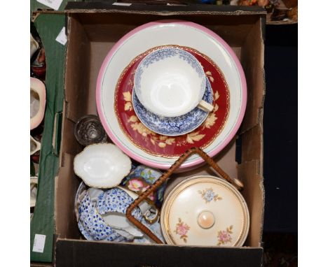 Six Polychrome printed Victorian plates and two matching cake stands; together with assorted teacups and saucers, etc 