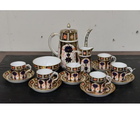 Royal Crown Derby 1128 Old Imari pattern coffee set including six cups and saucers, coffee pot, milk and sugar (15) 