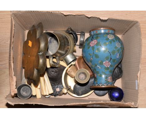 A cloisonné vase, blue ground with bird and flower decoration; together with assorted brassware, a small cased set of scales,