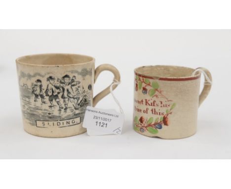 A late 18th century, small mug with inscription, 'one sweet kiss is the price of this', together with an early 19th century s