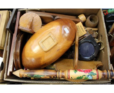 Two boxes of wooden items to include cutlery tray, bookslide, Crucifix, various wooden plaques and a small barometer etc (2)