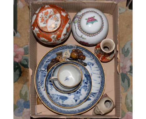A collection of various ceramics, including: a Chinese blue and white tea bowl, saucer, teacup and dish, all probably 19th Ce