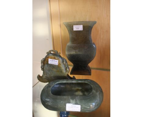 A carved jade bell, vase and rectangular bowl (3)