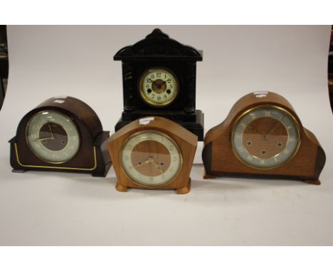 Two oak cased and one mahogany cased, mantle clocks together with an ebonised wood bracket clock, one Westminster chime, the 