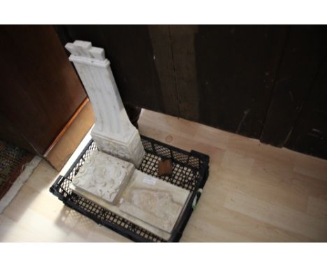 A collection of architectural marble / alabaster, including two plinths, a central stile and a box of various descriptions