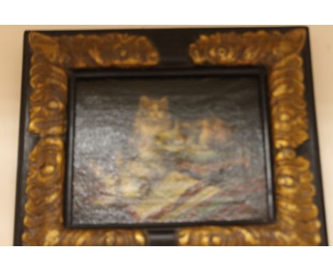 Two reproduction paintings, a pig and playing cats with heavy painted flames