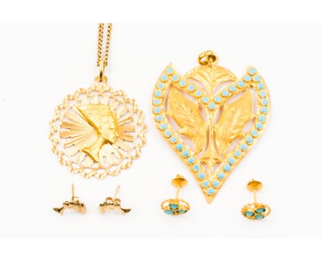 A yellow metal pendant set, with turquoise enamel, a pair of yellow metal and turquoise earrings, weighing approx 13.1 with a