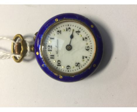 A blue guilloche enamel ladies fob watch with pictorial scene to the reverse, in gilt metal, by 'Medana', dial diameter appro