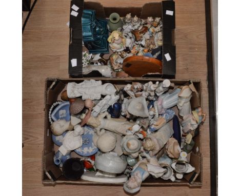Two boxes containing bisque figures, Wedgwood, Jasper ware, porcelain animal figures and pin ladies (2)