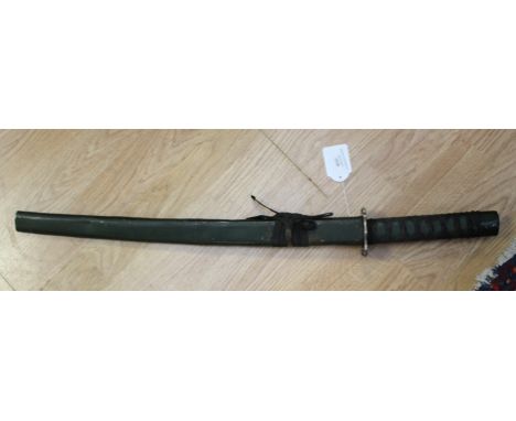Chinese decorative short sword. 45cm long blade with fuller. Green painted steel hilt. Green painted steel scabbard. 
