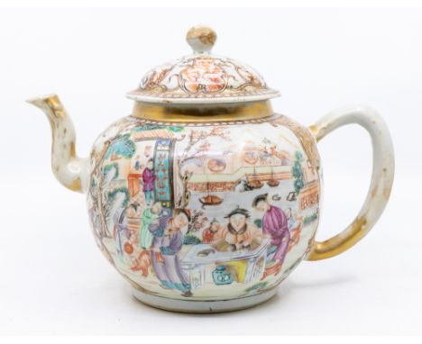 A Chinese Export Famille Rose punch pot, Qianlong Period, the body decorated with figures at a table with boats, mountains be