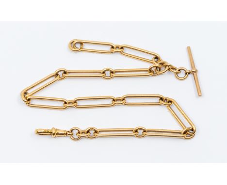 A Victorian 18ct gold trombone link Albert chain, width approx 7mm, each link marked, T bar and swivel clasp fastening, lengt