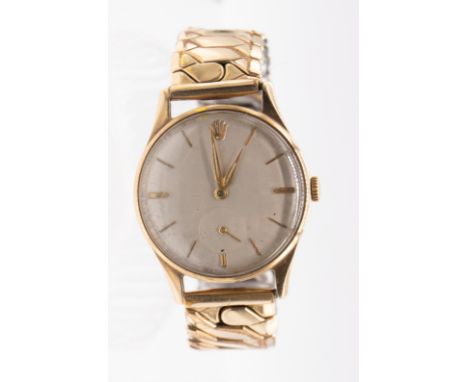 Rolex: a Gentleman's vintage 9ct gold Montres Rolex wristwatch, comprising a silvered dial with applied gold hour indices, lu