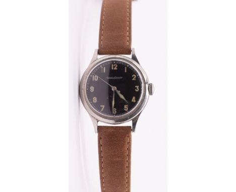 Jaeger Le Coultre: a 1940's gentleman's steel cased manual wind wristwatch, comprising a round signed black dial with lume pa