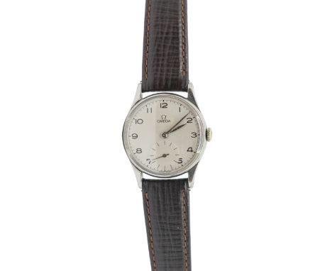 Omega: a Gentleman's steel cased manual wind vintage wristwatch, circa 1950's, comprising a signed silvered dial with black A