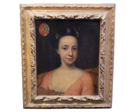 English School (late 17th/early 18th Century)   Portrait of a young lady with jewelled headdresses, Coat of Arms to upper lef