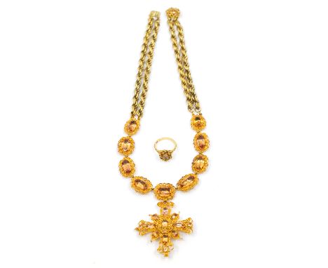 A Georgian Imperial topaz cannetille gold necklace and brooch parure, the necklace comprising a nine graduated oval cut Imper