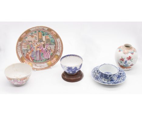 A group of 18th Century Chinese porcelain to include: a blue and white tea bowl, Kangxi Period, decorated with figures within