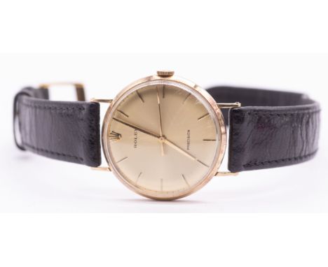 Rolex: a Gentleman's vintage 9ct Rolex Precision wrist watch, comprising a signed round gold tone dial with applied baton mar