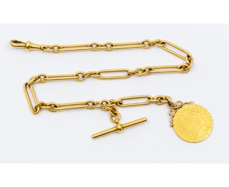 A Victorian 18ct gold trombone link Albert chain, width approx 6mm, each link marked 18ct, T bar and swivel clasp fastening, 