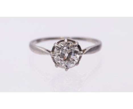 A diamond and platinum solitaire ring, comprising an old European diamond approx 1.40carats, assessed colour J-K assessed cla