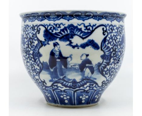A Chinese blue and white jardiniere, Kangxi four character mark but 19th century decorated with a scholar and attendant, 17.5
