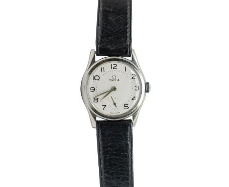 Omega: a Gentleman's vintage steel cased manual wind wristwatch, comprising a signed silvered dial with black Arabic numerals