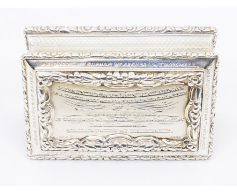 A William IV silver snuff box with elaborate relief foliage designed edging, turned engrved design to sides and underneath, g