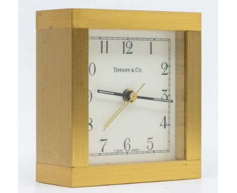 Tiffany & Co heavy brass quartz alarm clock, square form with Arabic hour indices, lume inserts to hands, case approx 8 x 8.5