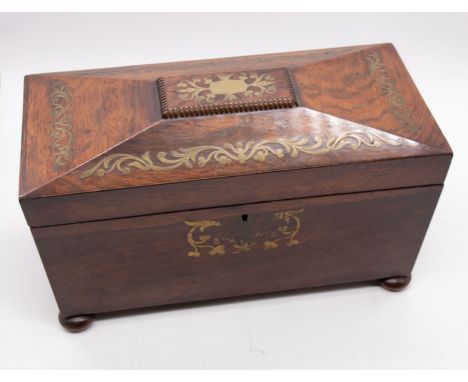 A 19th Century rosewood veneered brass inlaid large tea caddy, sarcophagus shaped, the cover with gadroon upper section and s