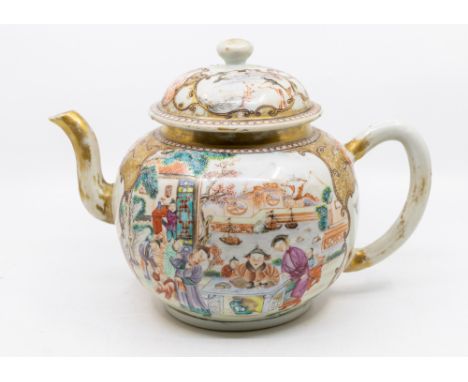 A Chinese Export Famille Rose punch pot, Qianlong Period, the body decorated with figures at a table with boats, mountains be