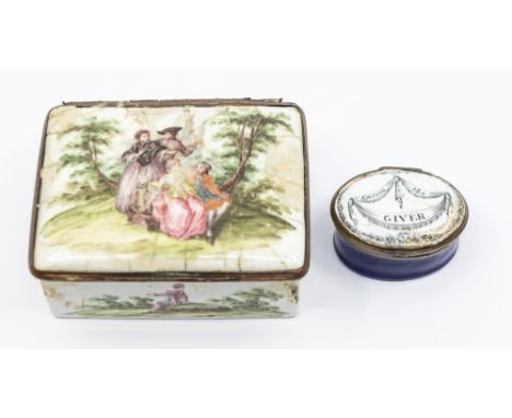A George III Staffordshire oval patch box and cover, circa 1770, cobalt blue body, the cover printed in monochrome with banne