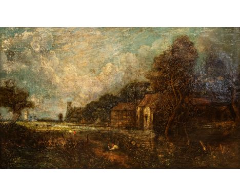 English School (19th Century) in the manner of John Constable Figures on riverbank with buildings beyond oil on canvas, 102 x