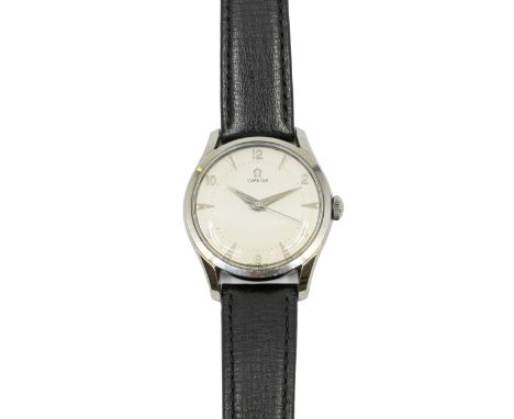 Omega: a Gentleman's steel cased manual wind  vintage wristwatch, comprising a signed silvered dial with applied steel arrow 