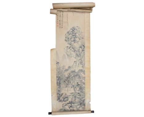 An early 20th Century Chinese hand painted landscape scroll, two character marks /&nbsp;Fan Song&nbsp;(with paper cover)&nbsp