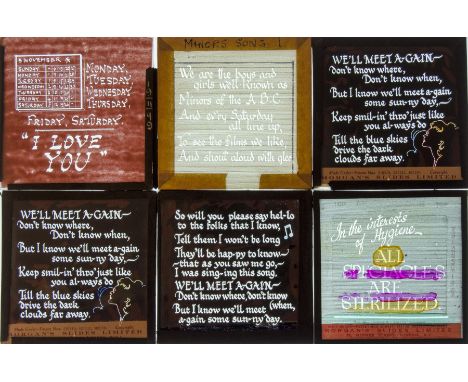 3¼sq. in. Two Drawers of approx 160 Miscellaneous Magic Lantern Song Slides, including 4 American format slides, F/G, (qty)