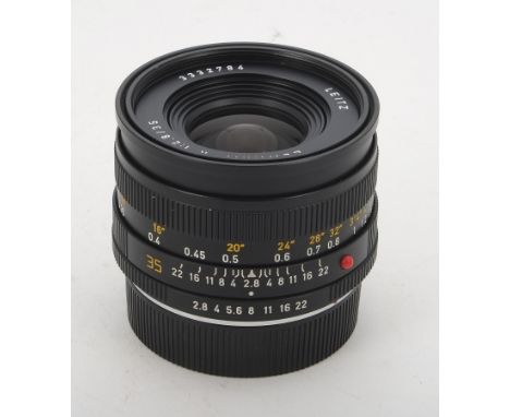 A Leitz 35mm f/2.8 Elmarit - R Lens (11231), serial no. 3332784, 1994, 3rd version, black, barrel, G, elements, VG, with make